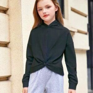 NWT ZELLA GIRL Take It Easy Twist Hem Hoodie Black French Terry Pullover XL14\16